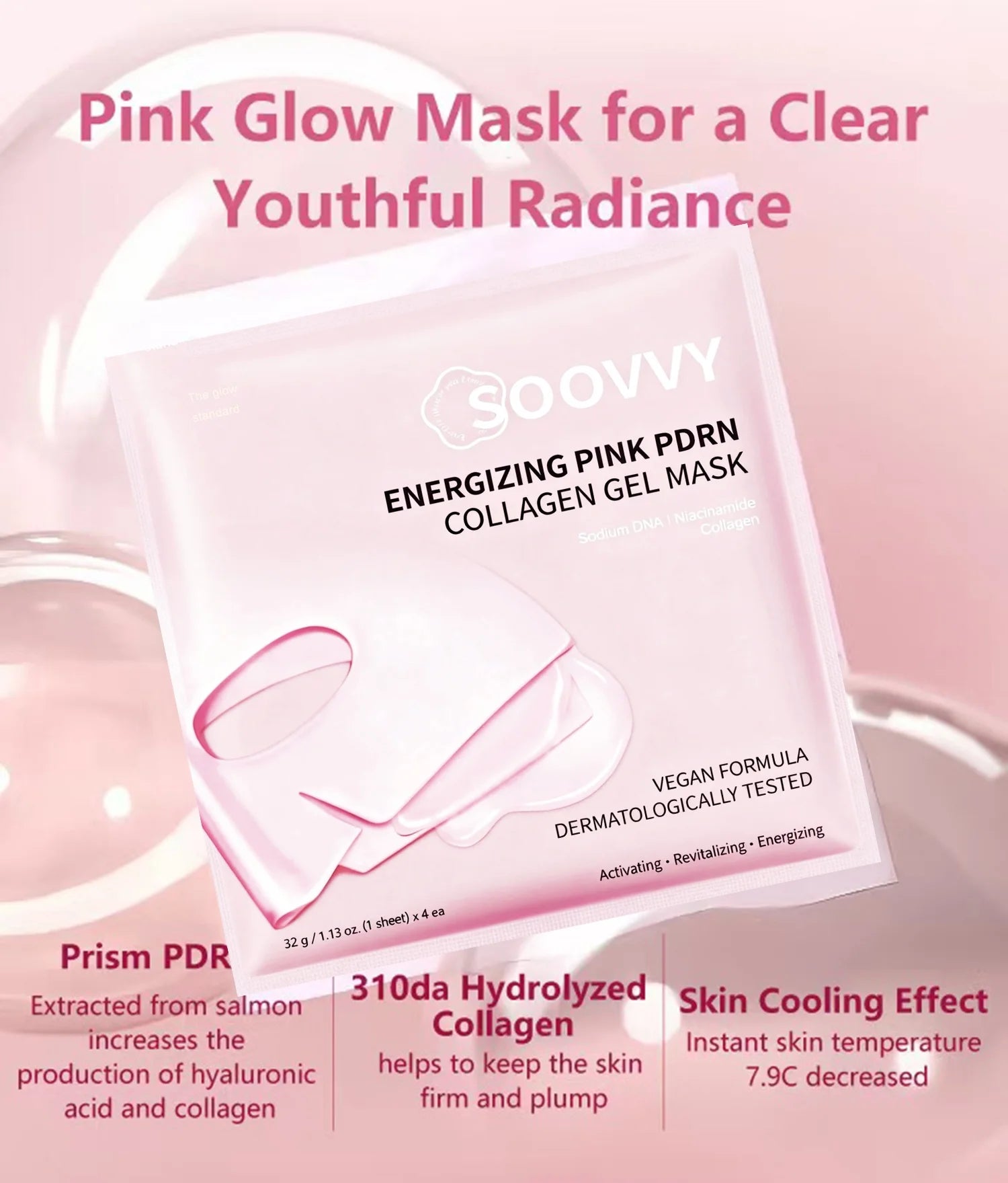 Pink Collagen Jelly Gel Mask , Overnight Face Mask for Glass Glow Skin Care ,Moisturizing Collagen Face Mask, Korean Skincare, 4Ea